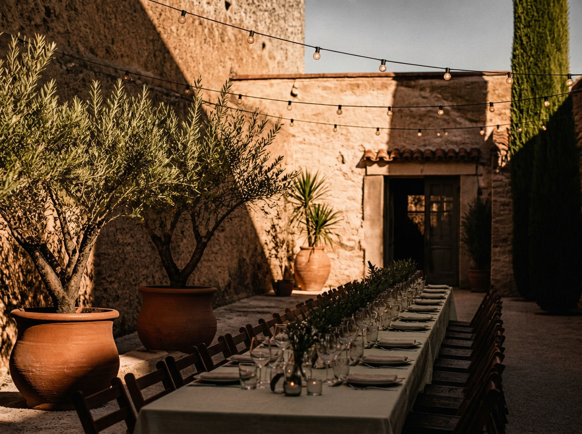 A candlelit courtyard table dressed for a private supper