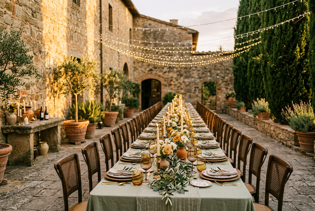 A long banquet table dressed with sage linen, candles and olive garlands in a golden-hour stone courtyard